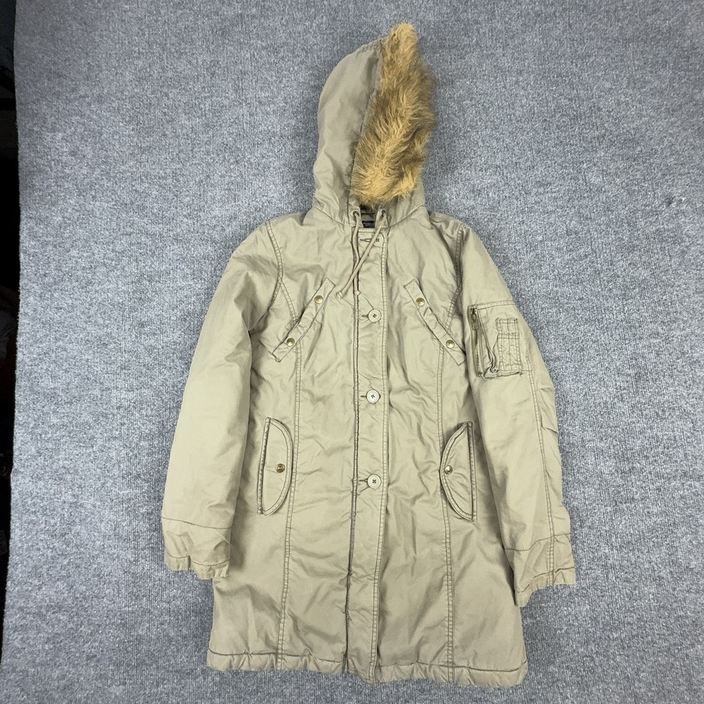 American Eagle Outfitters Coat Womens Small Beige Hooded Faux Fur Parka Zip